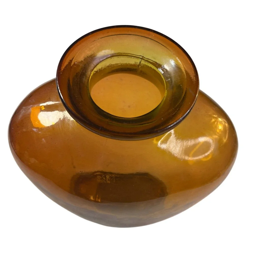 Vintage Large Amber Hand Blown Heart Glass Vase MCM 15